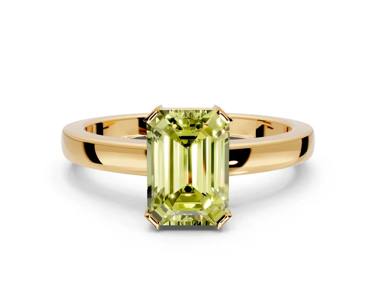 Solitaire Engagement Ring Setting for Fancy Yellow Emerald Cut Center with Plain Band and Flat Tab Prong Head in Yellow Gold