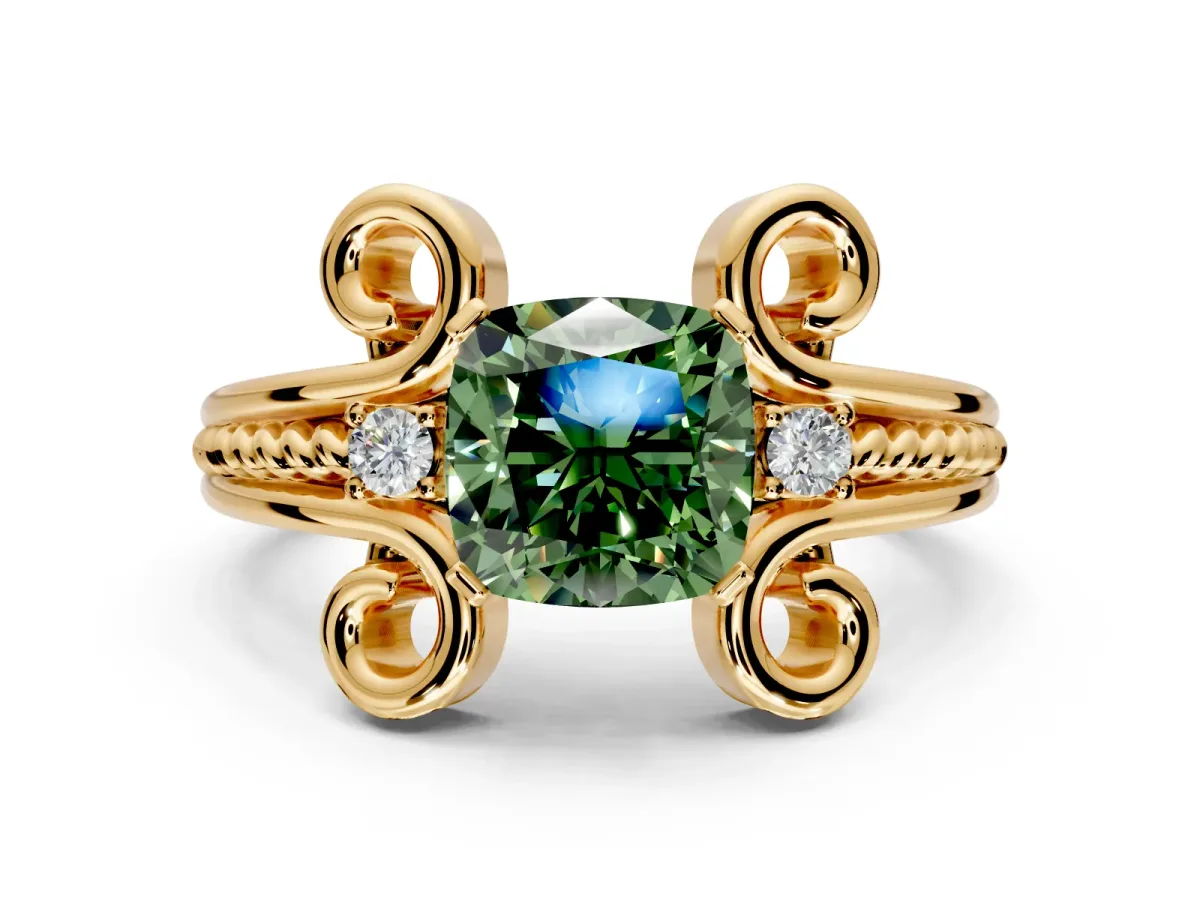 Solitaire Engagement Ring Setting for Fancy Green Cushion Cut Center with Twisted Band and Scroll Prong Head in Yellow Gold