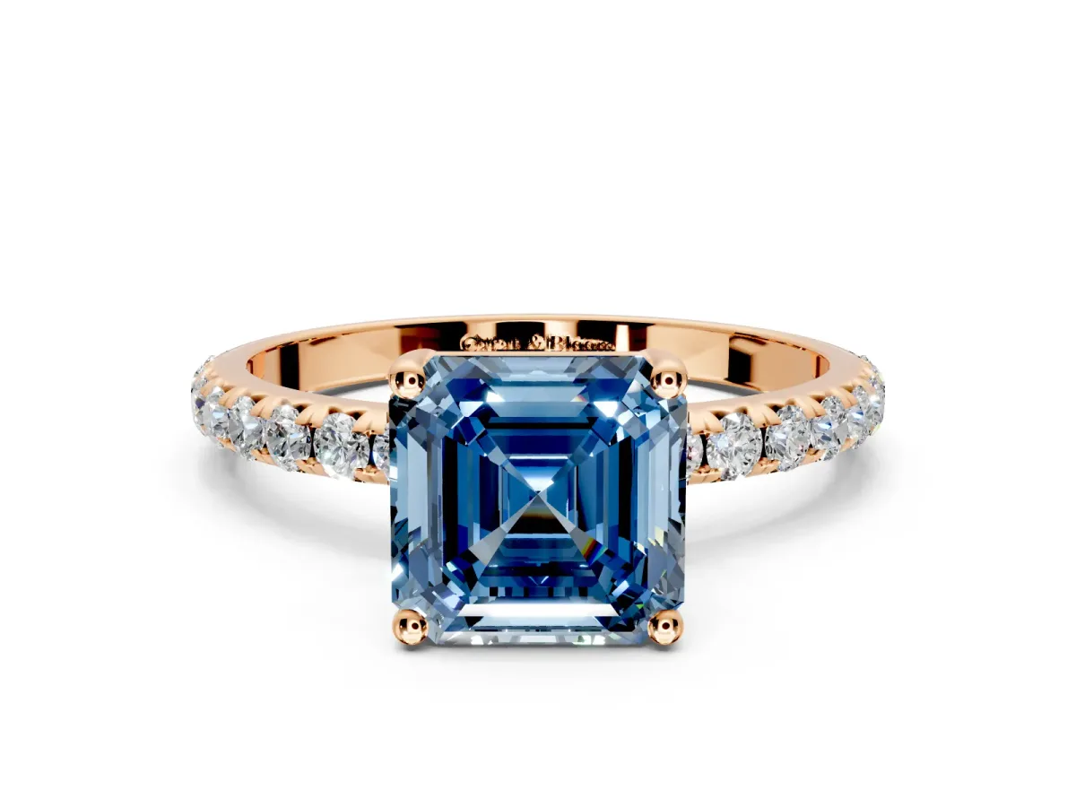 Solitaire Engagement Ring Setting for Fancy Blue Asscher Cut Center with Micro Pave Band and Prong Head in Rose Gold
