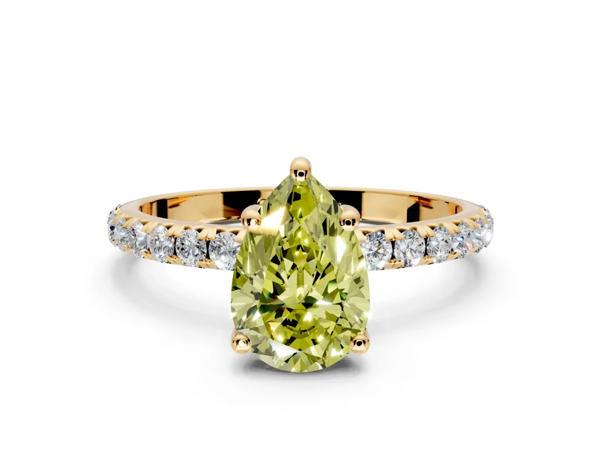 Solitaire Engagement Ring Setting for Fancy Yellow Pear-Shaped Center with Micro Pave Band and Prong Head in Yellow Gold