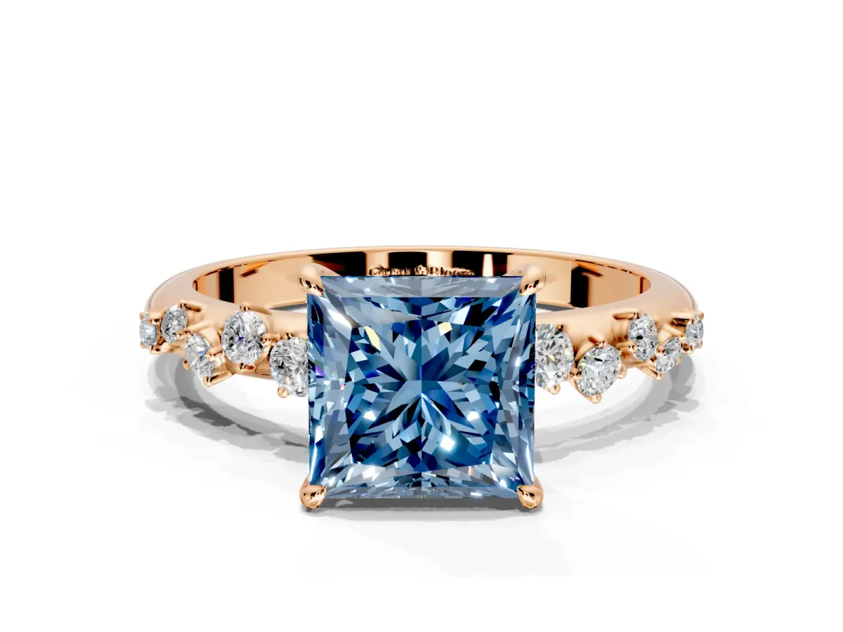 Cluster Engagement Ring Setting for Fancy Blue Princess Cut Center with Round Cut Accent Band and Prong Head in Rose Gold