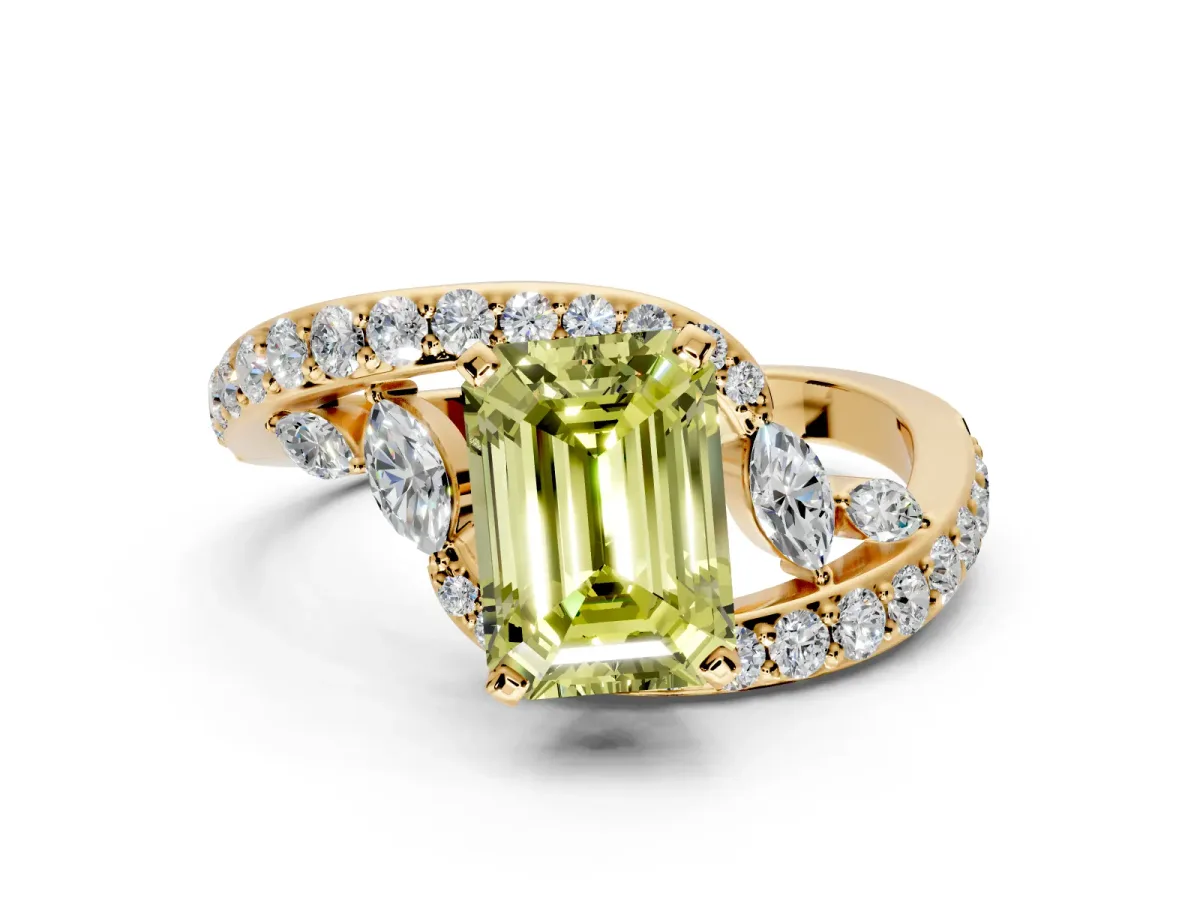 Solitaire Engagement Ring Setting for Fancy Yellow Emerald Cut Center with Pave Bypass Twist Band and Prong Head in Yellow Gold