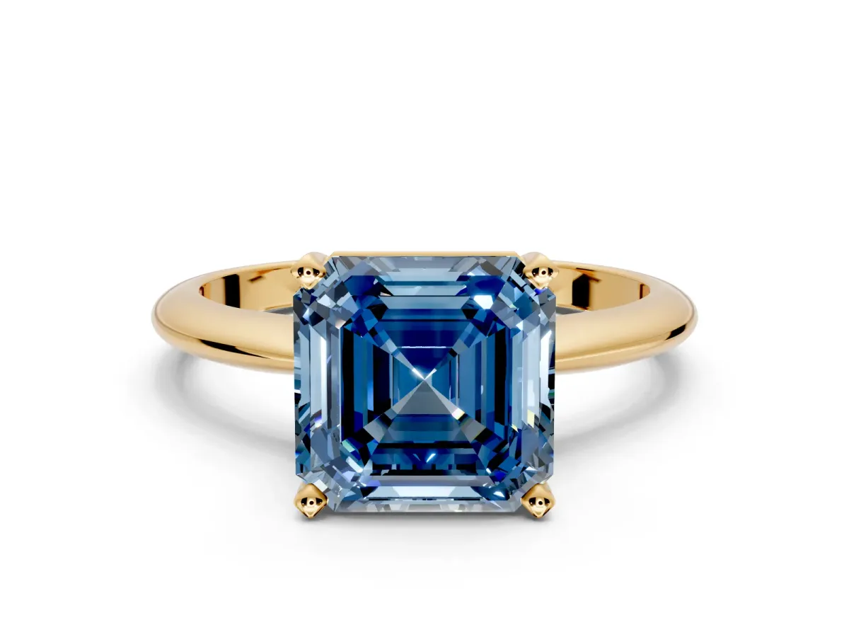 Solitaire Engagement Ring Setting for Fancy Blue Asscher Cut Center with Knife Ridge Band and Claw Prong Head in Yellow Gold