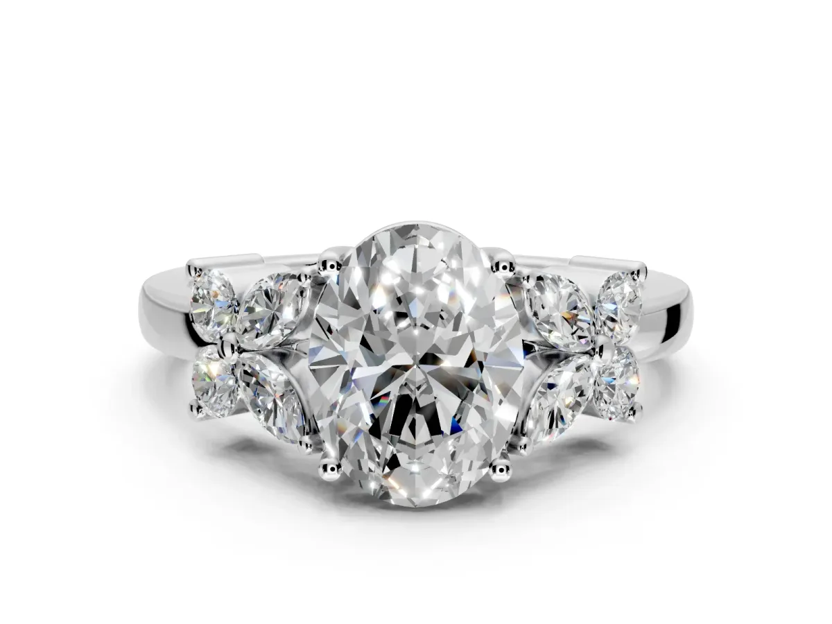 Floral Engagement Ring Setting for Oval Center with Marquise Cluster Shoulders and Prong Head in Sterling Silver