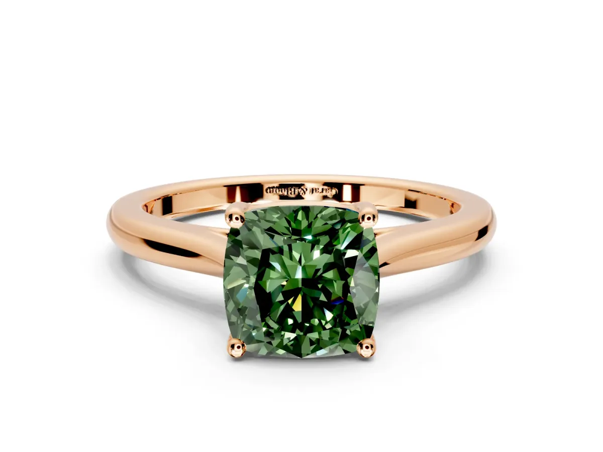 Solitaire Engagement Ring Setting for Fancy Green Cushion Cut Center with Narrow Cathedral Band and Prong Head in Rose Gold