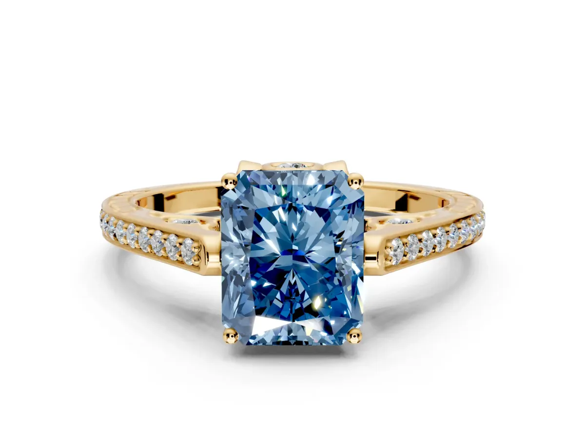 Cathedral Engagement Ring Setting for Fancy Blue Radiant Cut Center with Antique-Style Pave Band and Prong Head in Yellow Gold