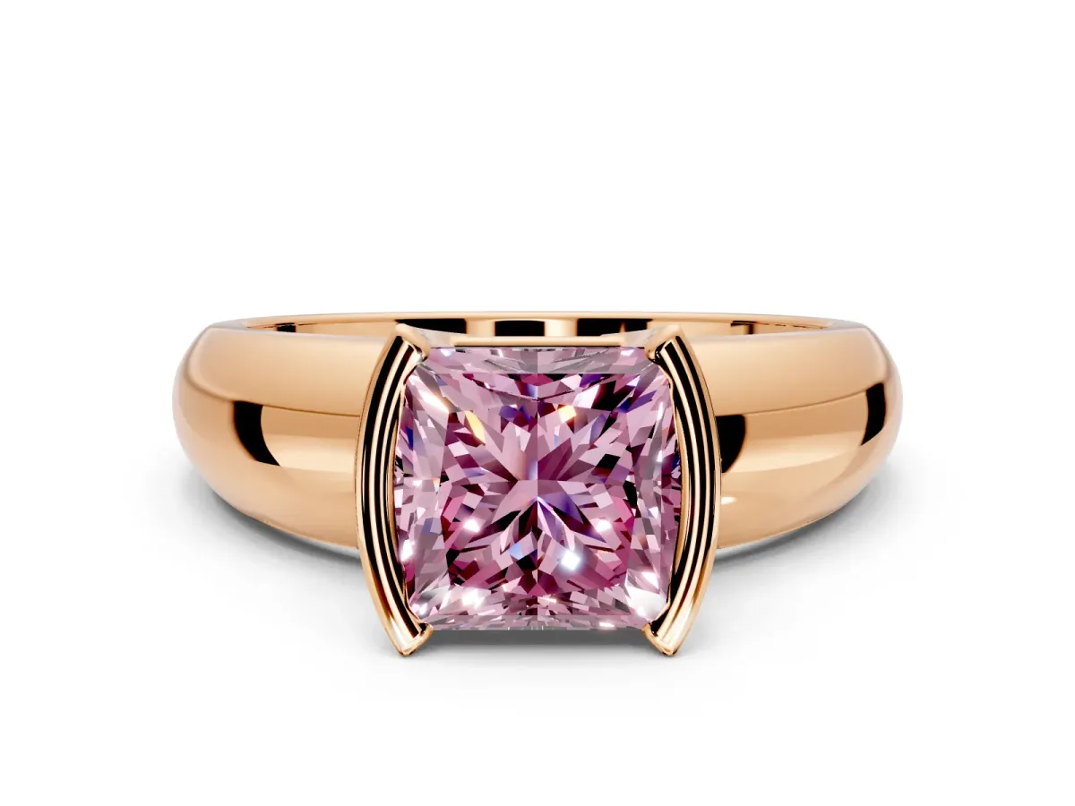 Tension Engagement Ring Setting for Fancy Pink Princess Cut Center with Wide Flat Band and Tension Head in Rose Gold