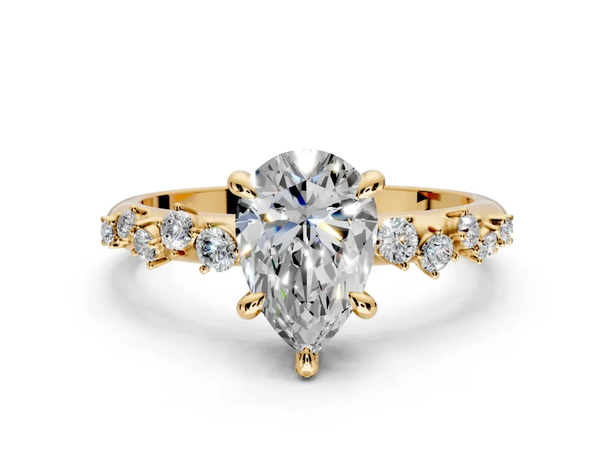 Solitaire Engagement Ring Setting for Pear-Shaped Center with Trailing Leaf Accent Band and Prong Head in Yellow Gold