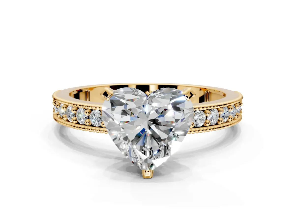 Milgrain Pave Engagement Ring Setting for Heart-Shaped Center with Accent Band and Prong Head in Yellow Gold