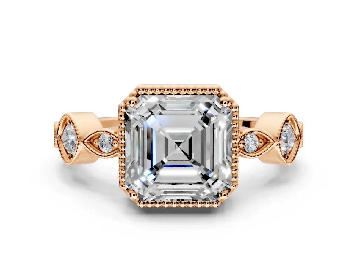 Vintage Station Engagement Ring Setting for Asscher Cut Center with Accents and Prong Head in Rose Gold
