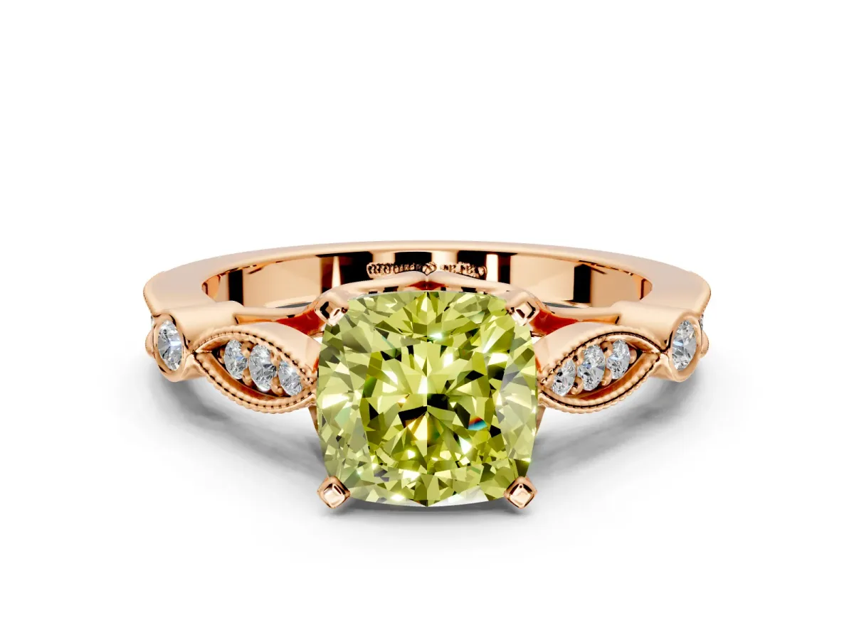 Solitaire Engagement Ring Setting for Fancy Yellow Cushion Cut Center with Marquise and Bezel Accents and Prong Head in Rose Gold