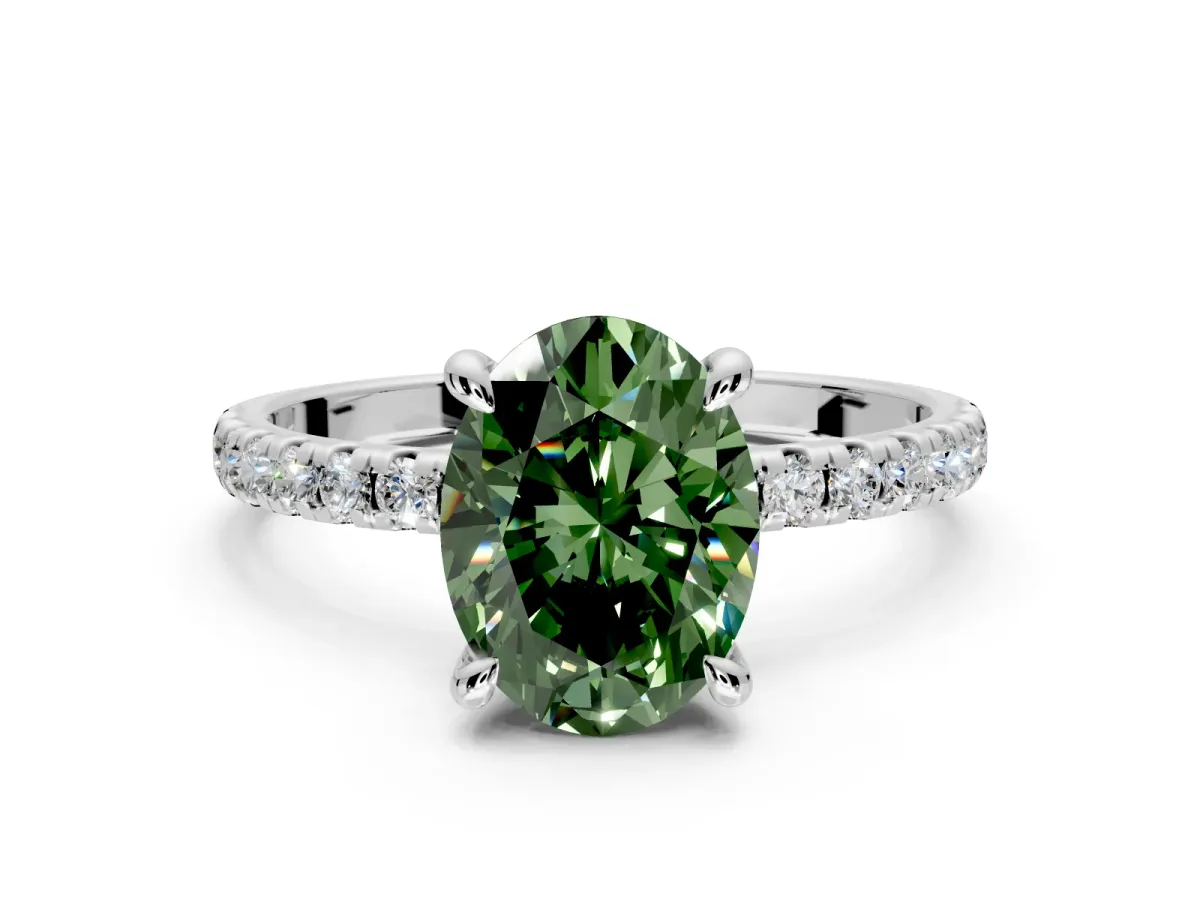 Solitaire Engagement Ring Setting for Fancy Green Oval Center with Fine Pave Narrow Band and Prong Head in White Gold