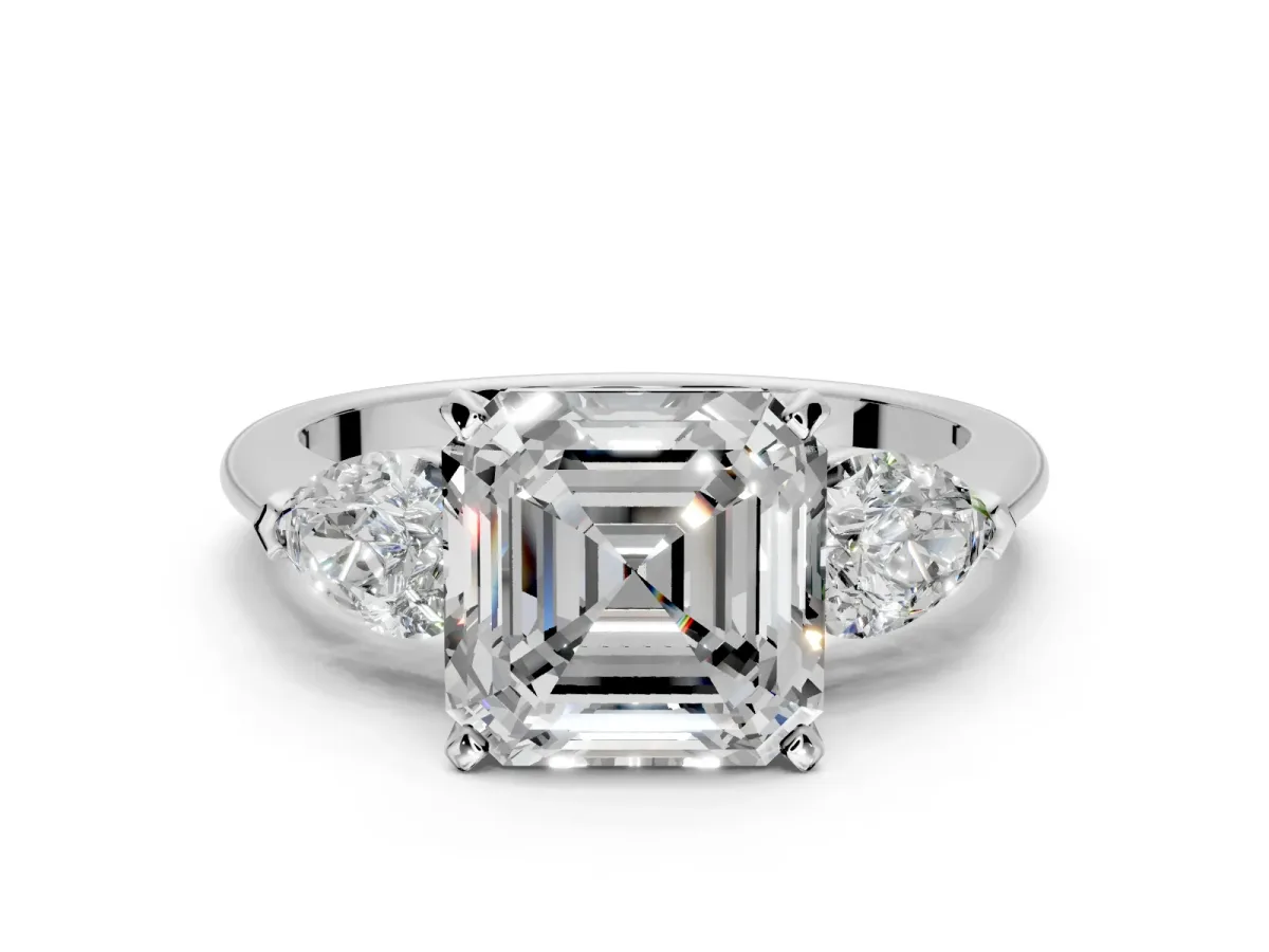 3 Stone Engagement Ring Setting for Asscher Cut Center with Large Pear-Shaped Accents and Prong Head in Platinum