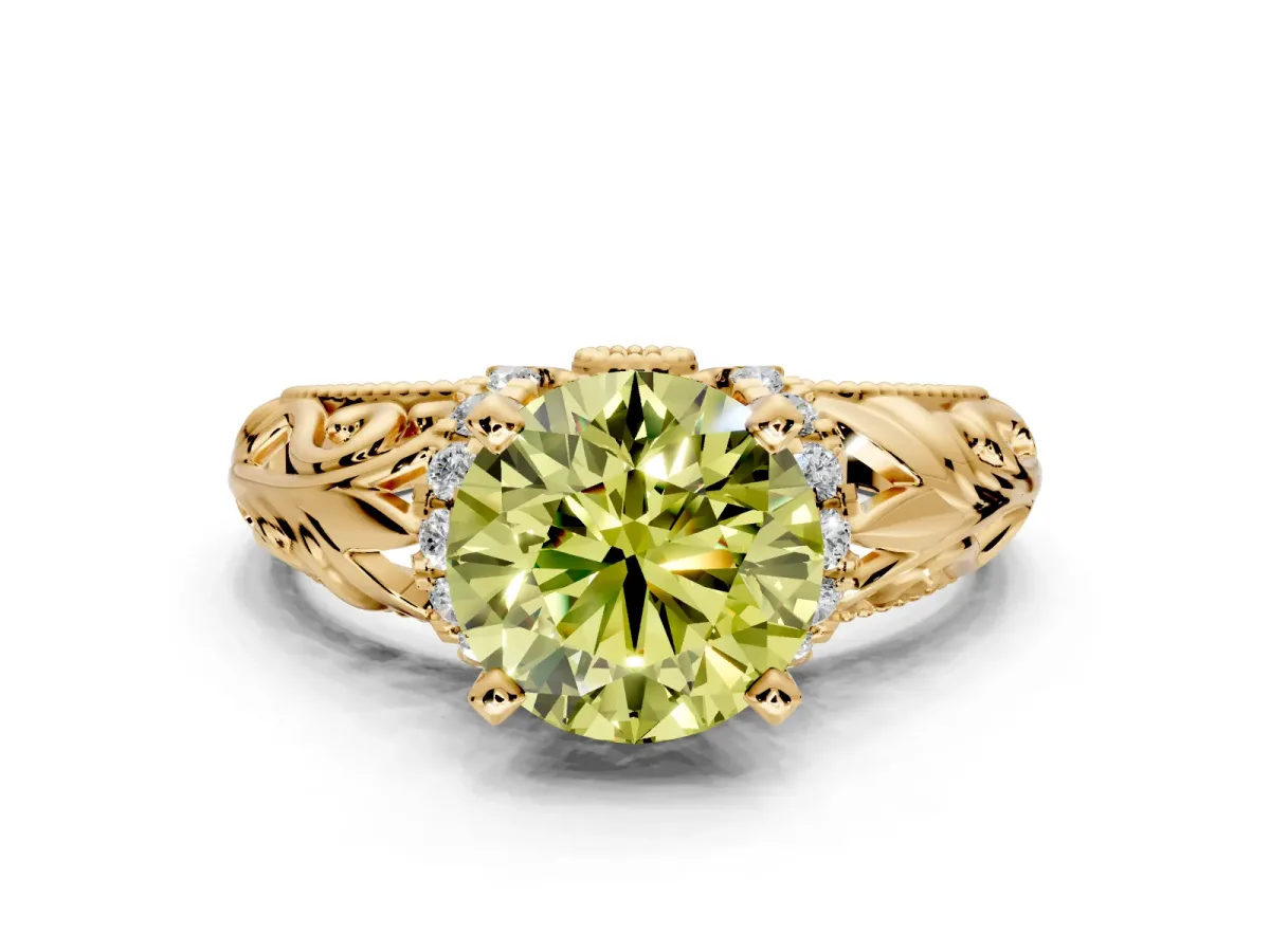 Solitaire Engagement Ring Setting for Fancy Yellow Round Cut Center with Filigree Accent Basket and Prong Head in Yellow Gold