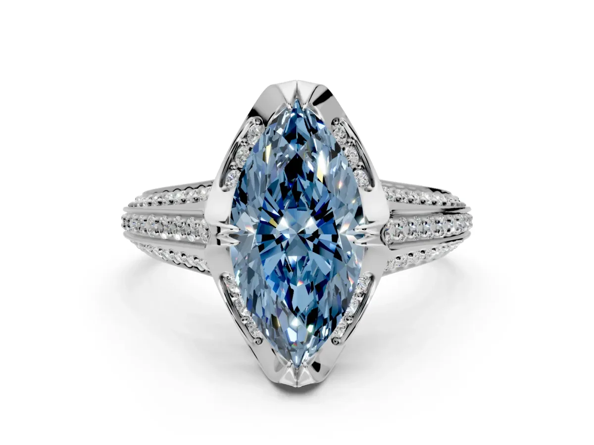 Solitaire Engagement Ring Setting for Fancy Blue Marquise Center with Accented Split Shank and Prong Head in White Gold
