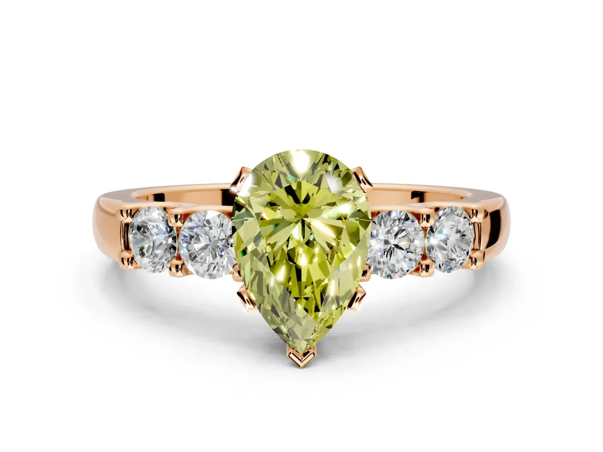 5 Stone Engagement Ring Setting for Fancy Yellow Pear-Shaped Center with Plain Band and Prong Head in Rose Gold