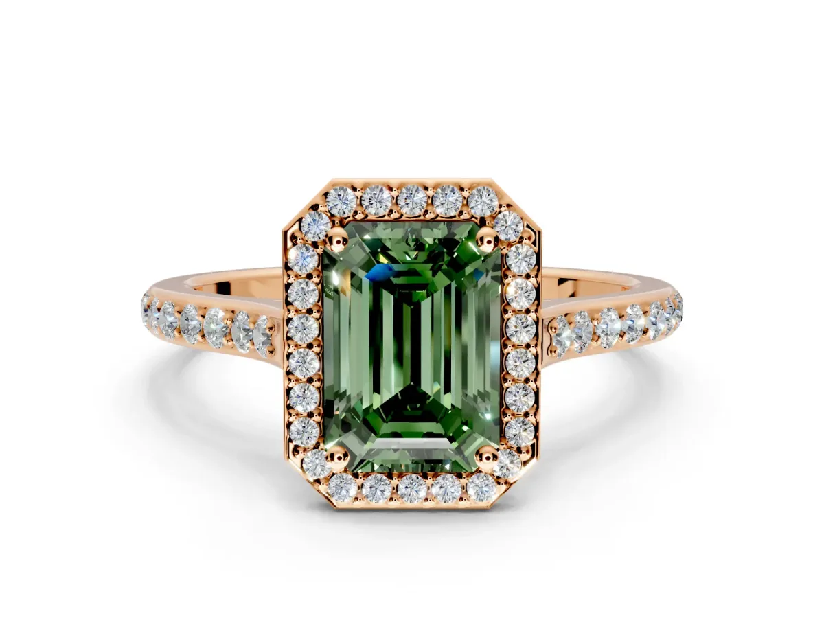 Halo Engagement Ring Setting for Fancy Green Emerald Cut Center with Pave Accents, Heart Basket and Prong Head in Rose Gold
