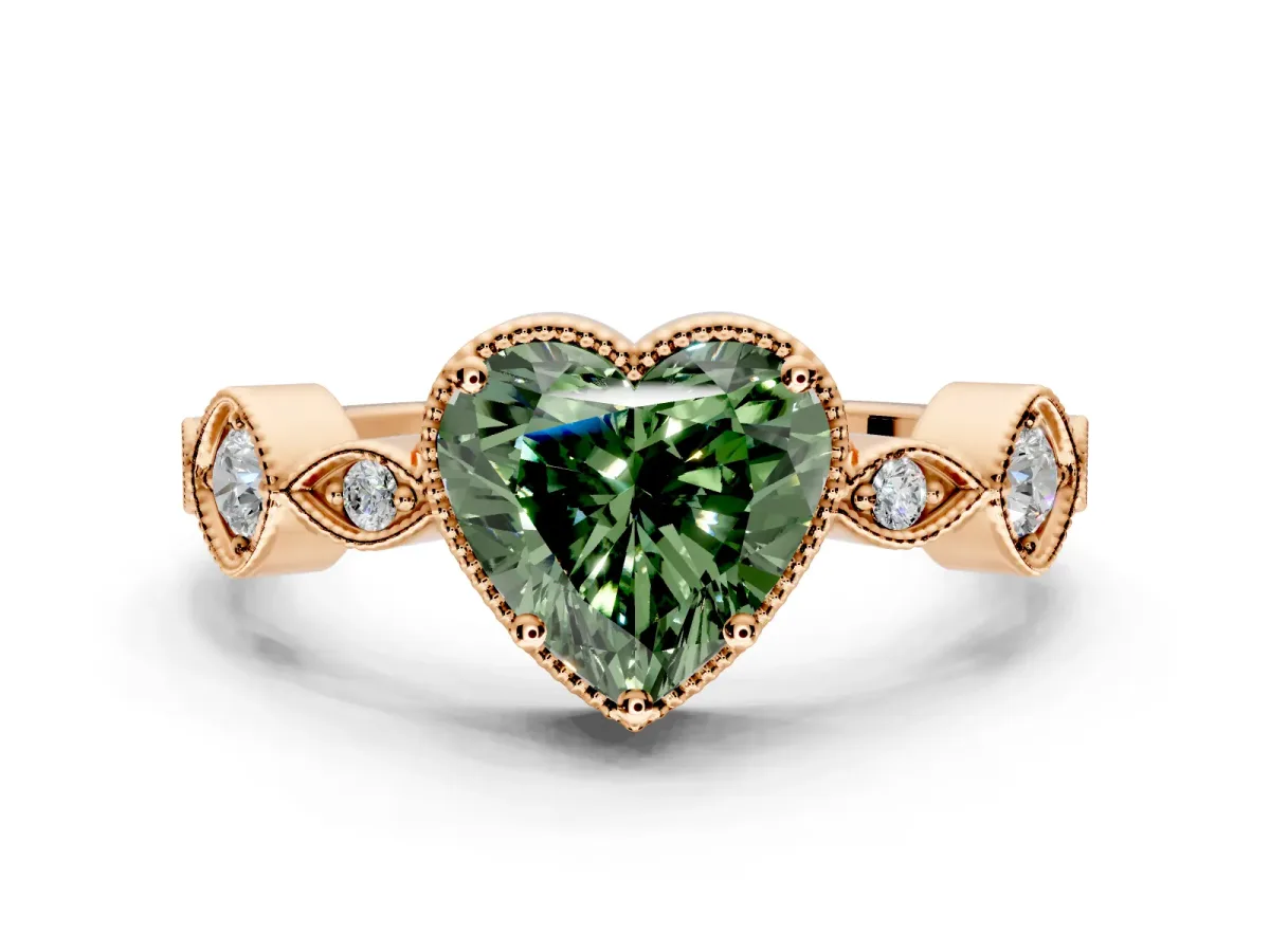 Vintage Station Engagement Ring Setting for Fancy Green Heart-Shaped Center with Accents and Prong Head in Rose Gold