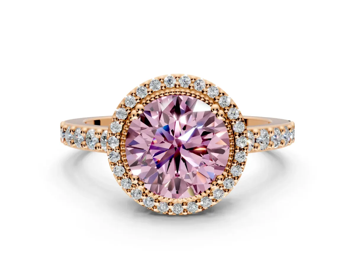 Halo Engagement Ring Setting for Fancy Pink Round Cut Center with Inner Milgrain Border and Prong Head in Rose Gold