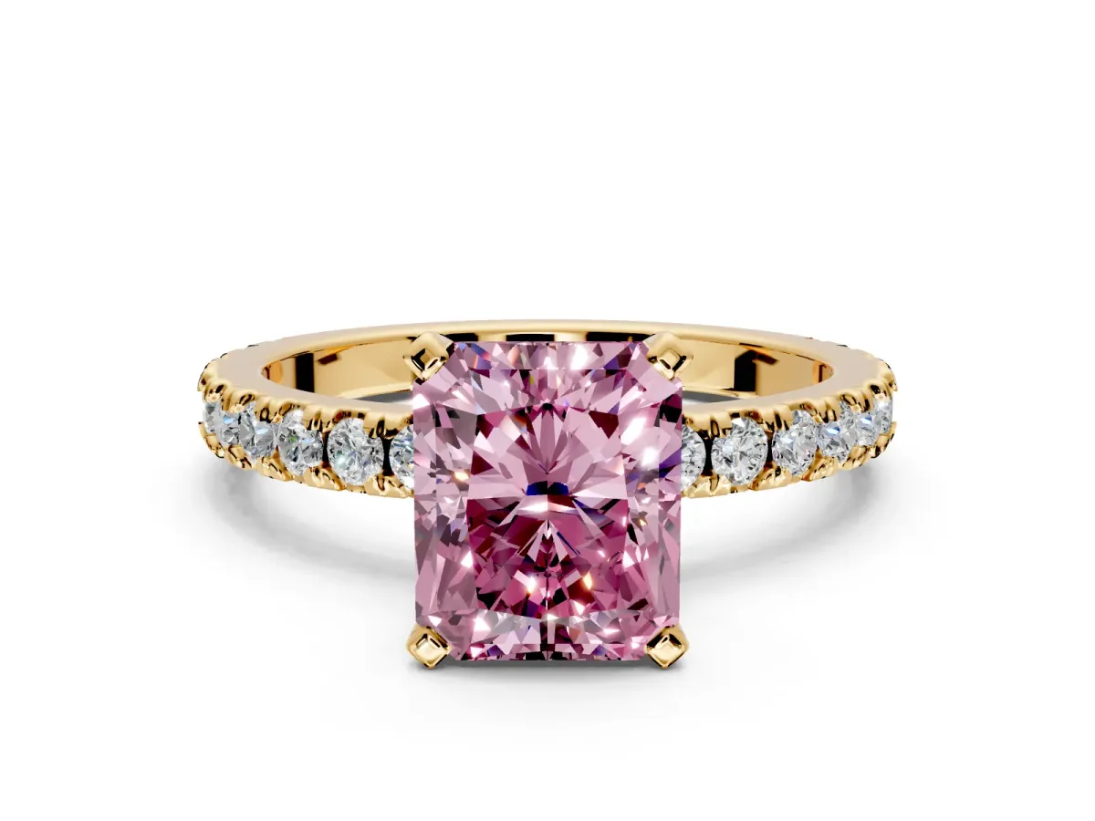 Solitaire Engagement Ring Setting for Fancy Pink Radiant Cut Center with Fine Pave Band and Claw Prong Head in Yellow Gold