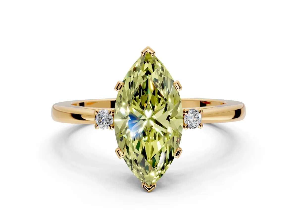3 Stone Engagement Ring Setting for Fancy Yellow Marquise Center with Low-Set Round Cut Accents and Prong Head in Yellow Gold
