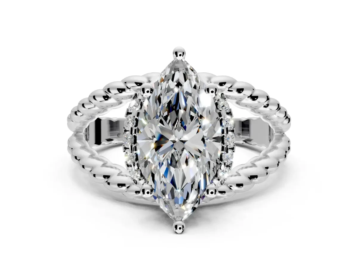 Halo Engagement Ring Setting for Marquise Center with Rope Twist Split Shank and Prong Head in Platinum