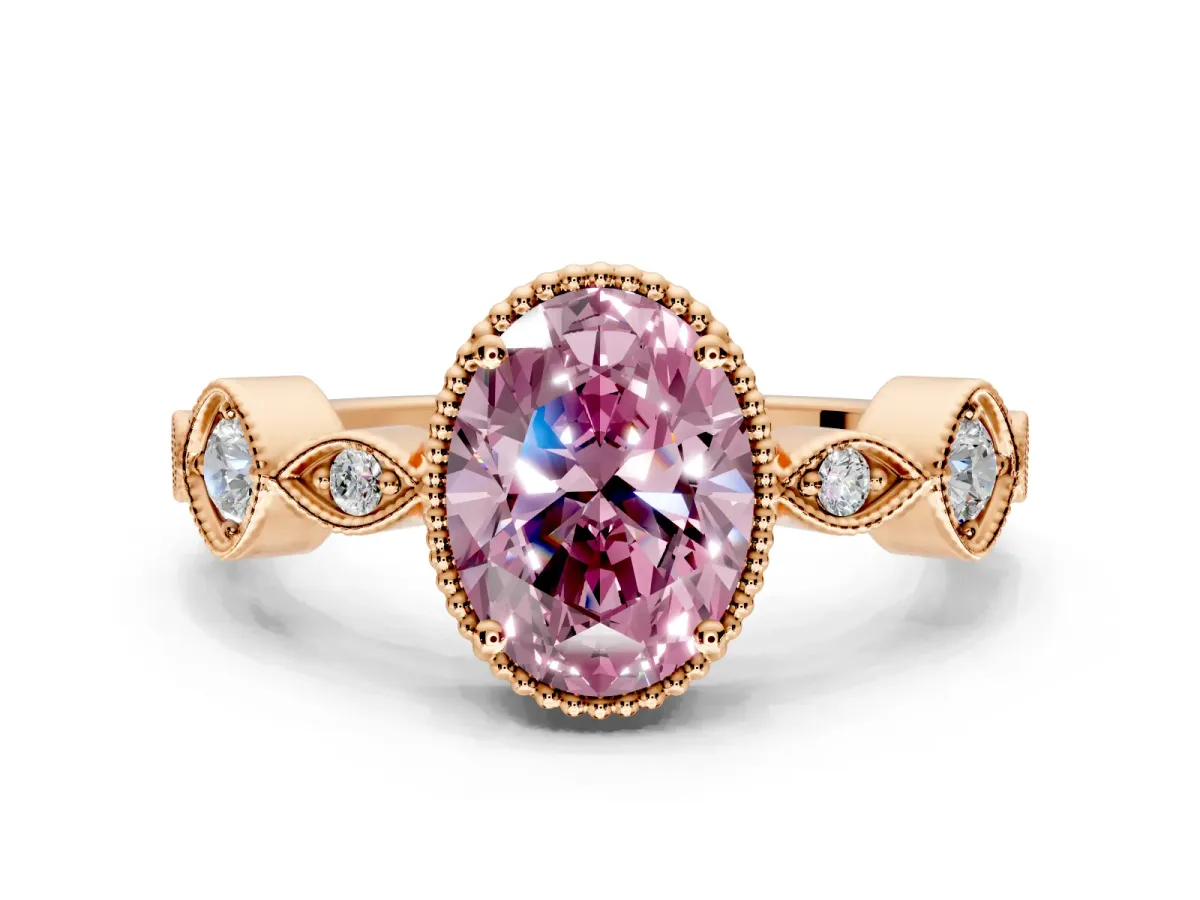 Vintage Station Engagement Ring Setting for Fancy Pink Oval Center with Accents and Prong Head in Rose Gold