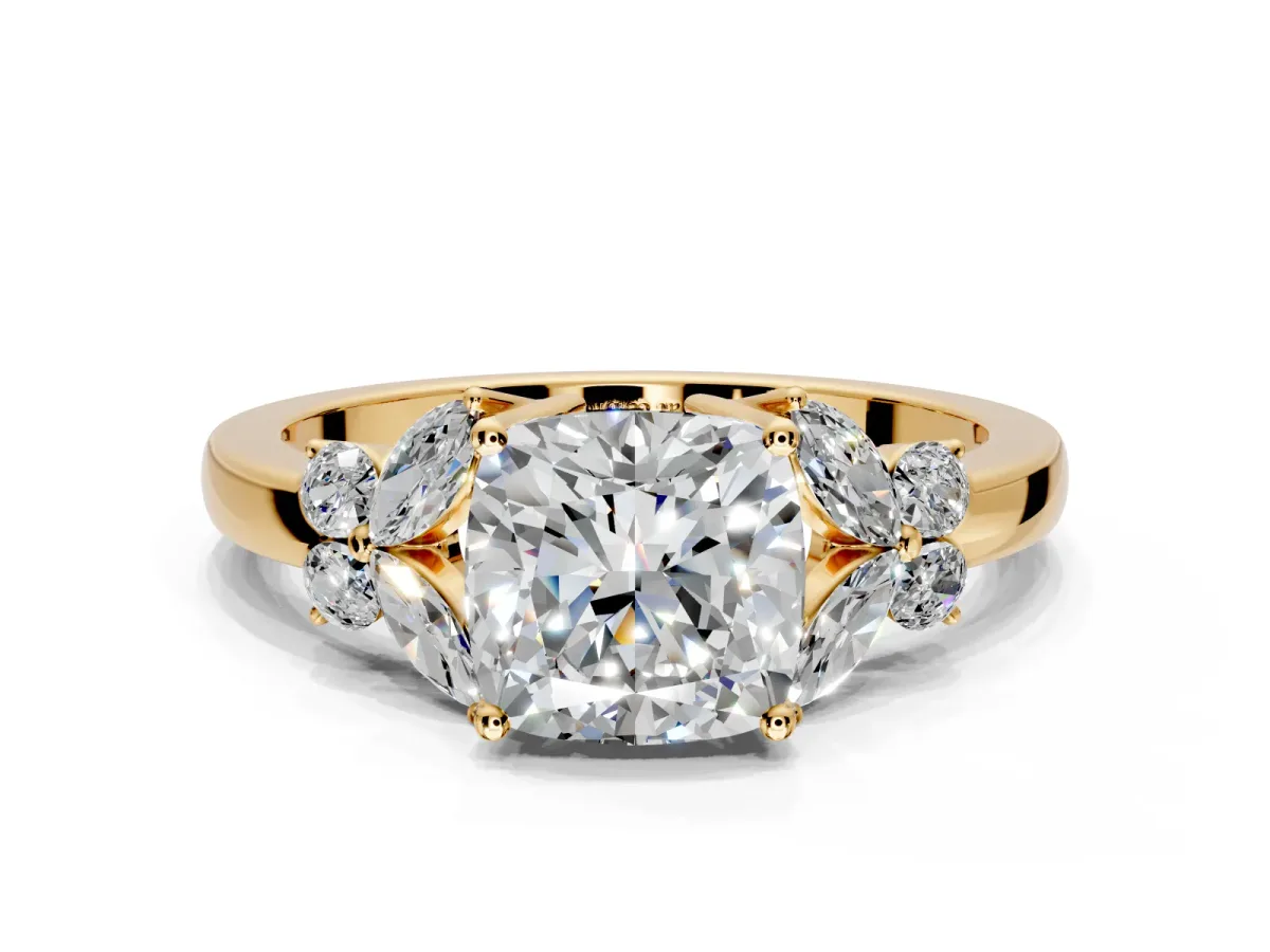 Solitaire Engagement Ring Setting for Cushion Cut Center with Marquise Flower Shoulders and Prong Head in Yellow Gold