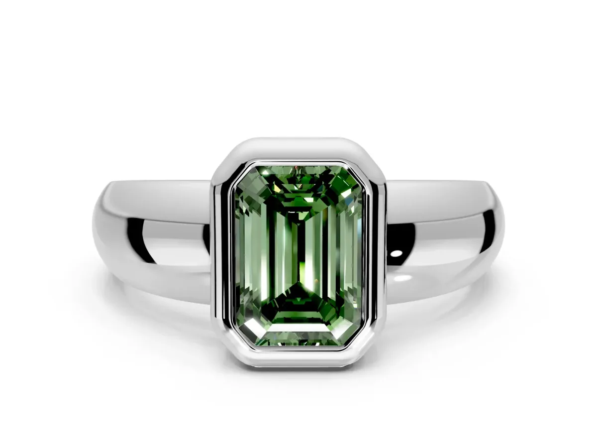 Solitaire Engagement Ring Setting for Fancy Green Emerald Cut Center with Wide Band and Bezel Head in Platinum