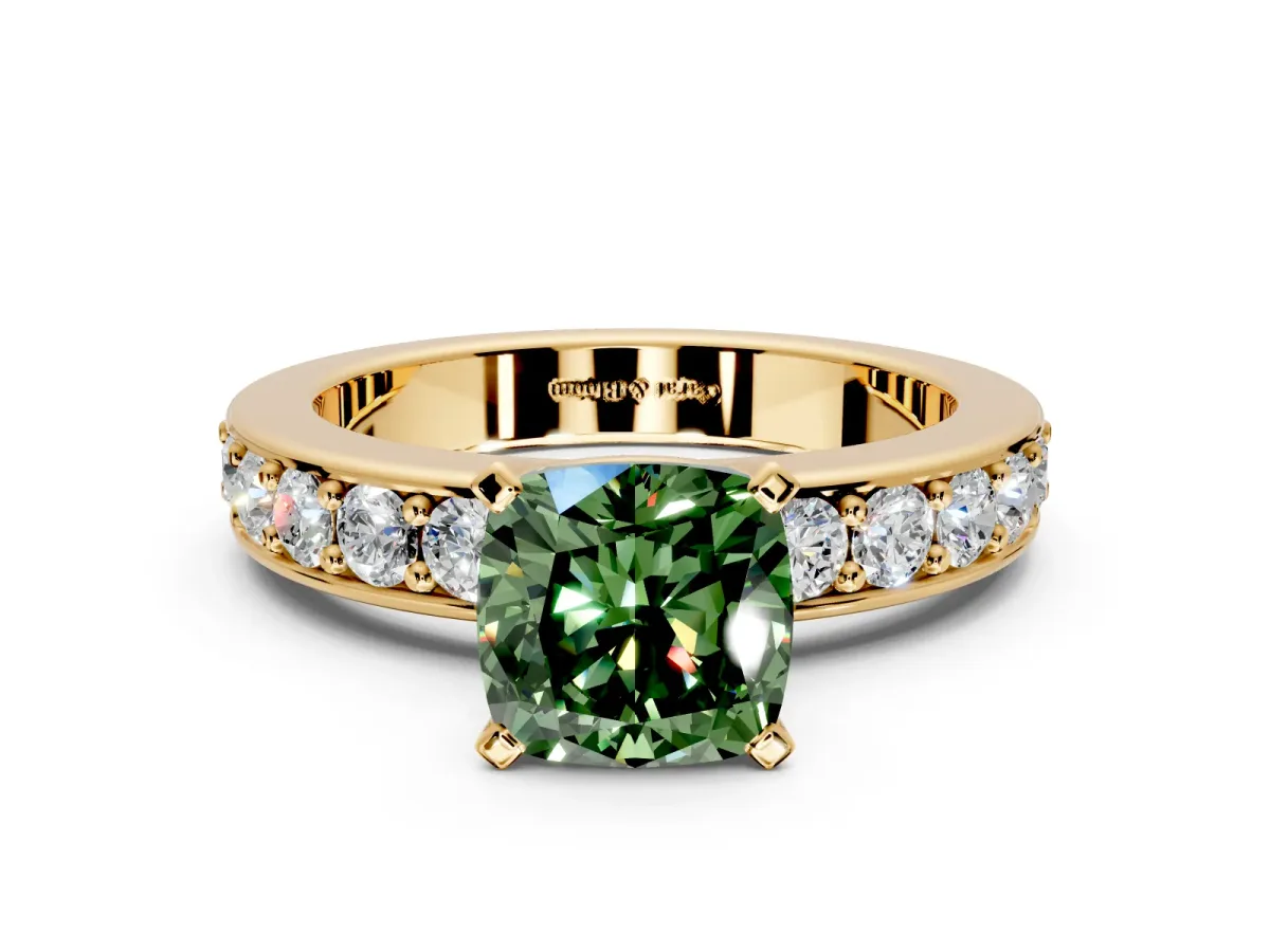 Solitaire Engagement Ring Setting for Fancy Green Cushion Cut Center with Channel-Set Accents and Prong Head in Yellow Gold