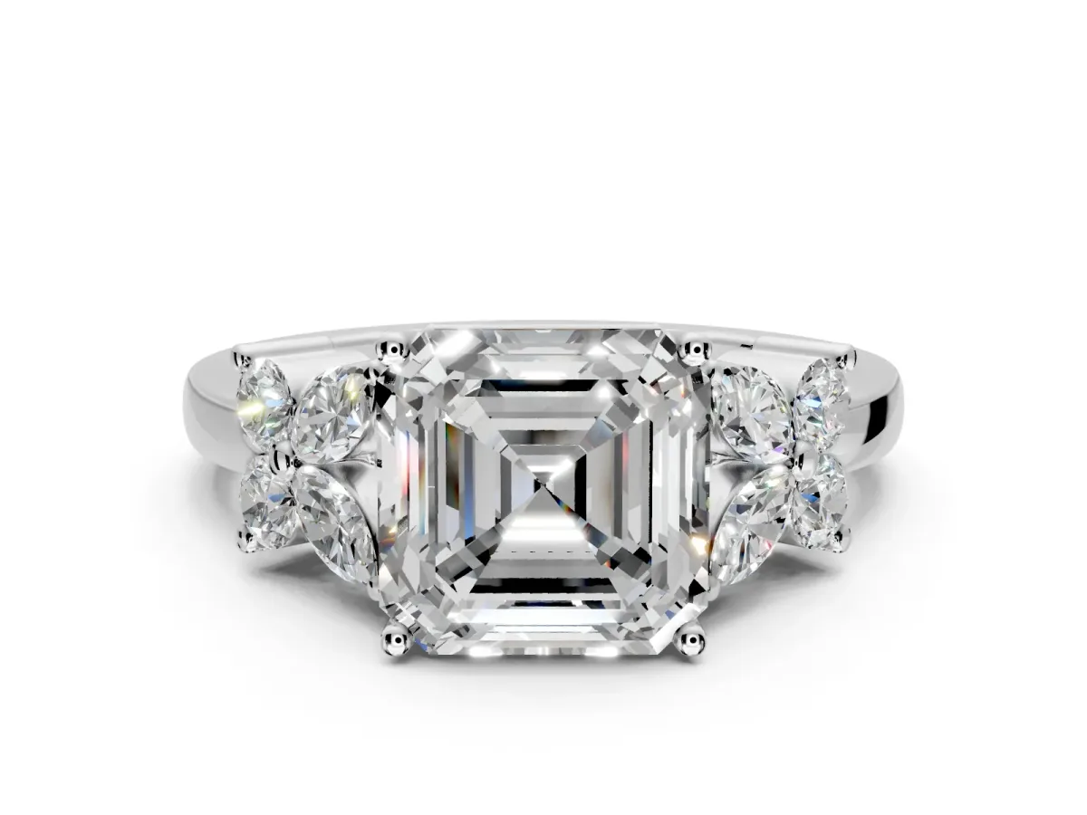 Floral Engagement Ring Setting for Asscher Cut Center with Marquise Cluster Shoulders and Prong Head in Sterling Silver