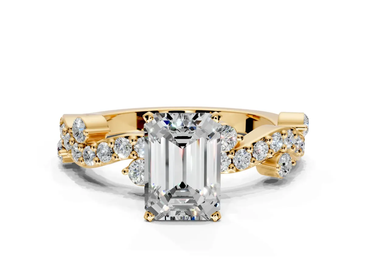 Solitaire Engagement Ring Setting for Emerald Cut Center with Bar-Station Pave Twist and Prong Head in Yellow Gold