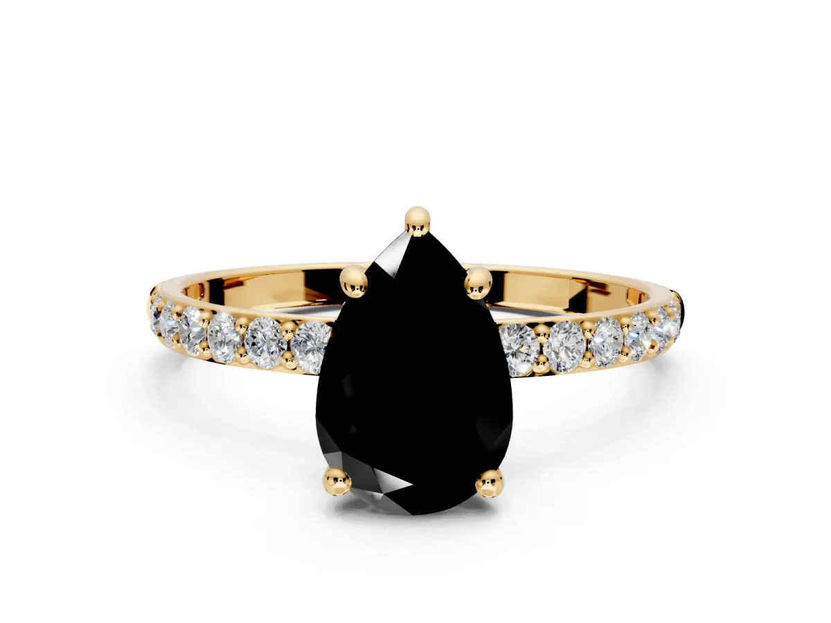Solitaire Engagement Ring Setting for Fancy Black Pear-Shaped Center with Pave Accents and Prong Head in Yellow Gold