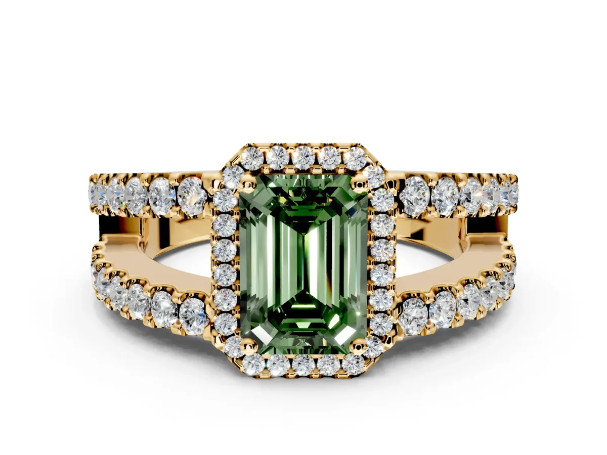 Halo Engagement Ring Setting for Fancy Green Emerald Cut Center with Wide-Open Pave Split Shank and Prong Head in Yellow Gold