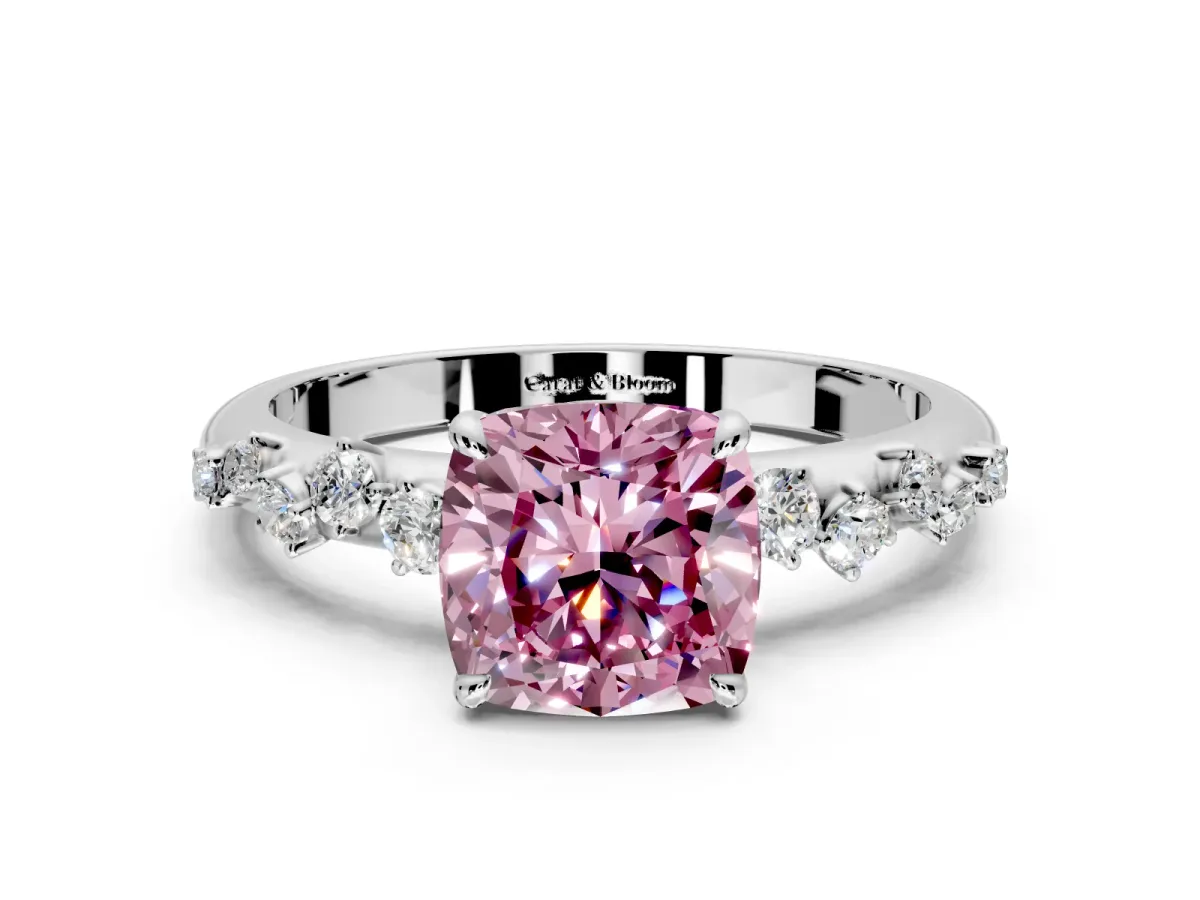 Cluster Engagement Ring Setting for Fancy Pink Cushion Cut Center with Round Cut Accent Band and Prong Head in Platinum