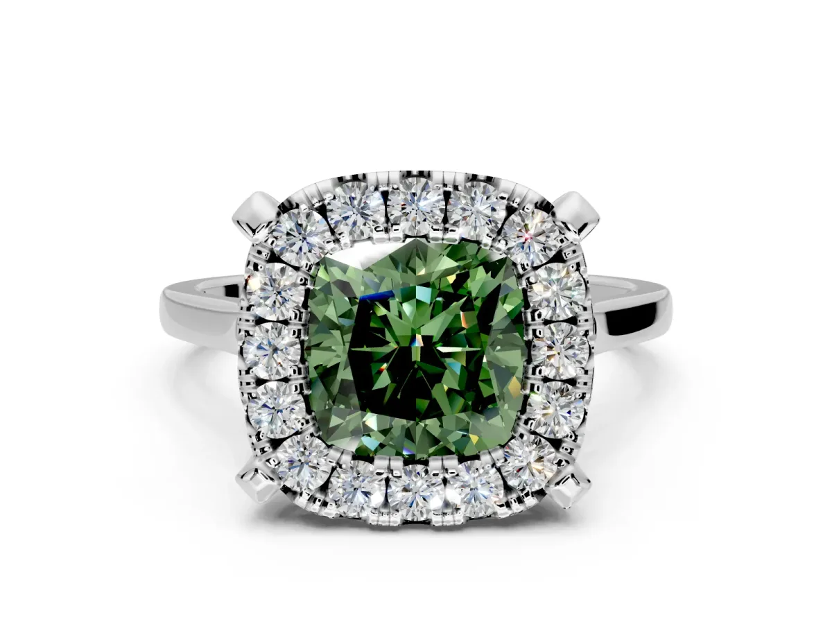 Single Halo Engagement Ring Setting for Fancy Green Cushion Cut Center with Corner Claws, Plain Band and Prong Head in Sterling Silver