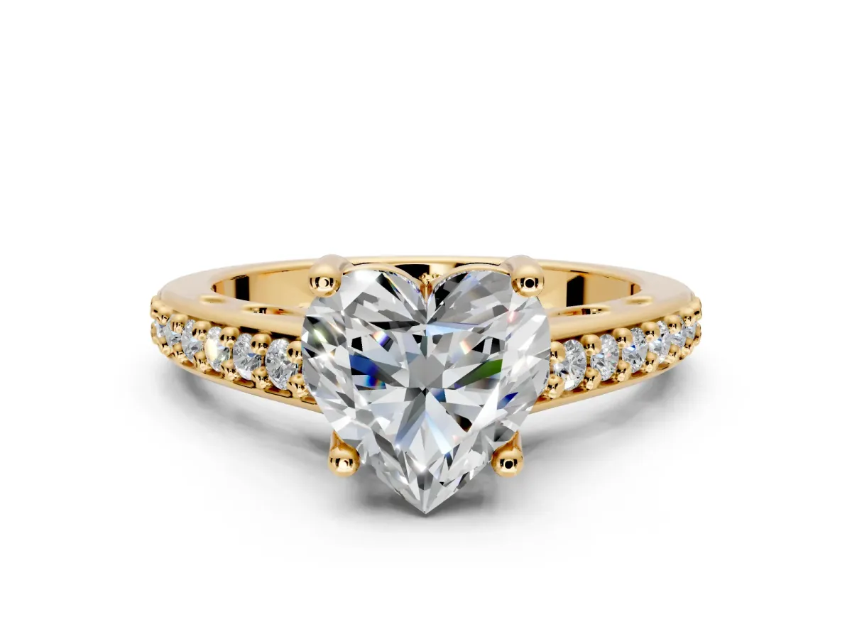Solitaire Engagement Ring Setting for Heart-Shaped Center with Pave Cathedral Band and Prong Head in Yellow Gold
