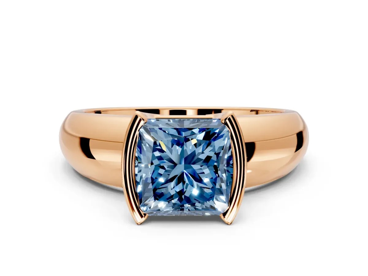 Tension Engagement Ring Setting for Fancy Blue Princess Cut Center with Wide Flat Band and Tension Head in Rose Gold