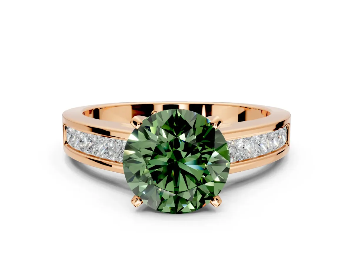 Solitaire Engagement Ring Setting for Fancy Green Round Cut Center with Princess Cut Channel Band and Prong Head in Rose Gold