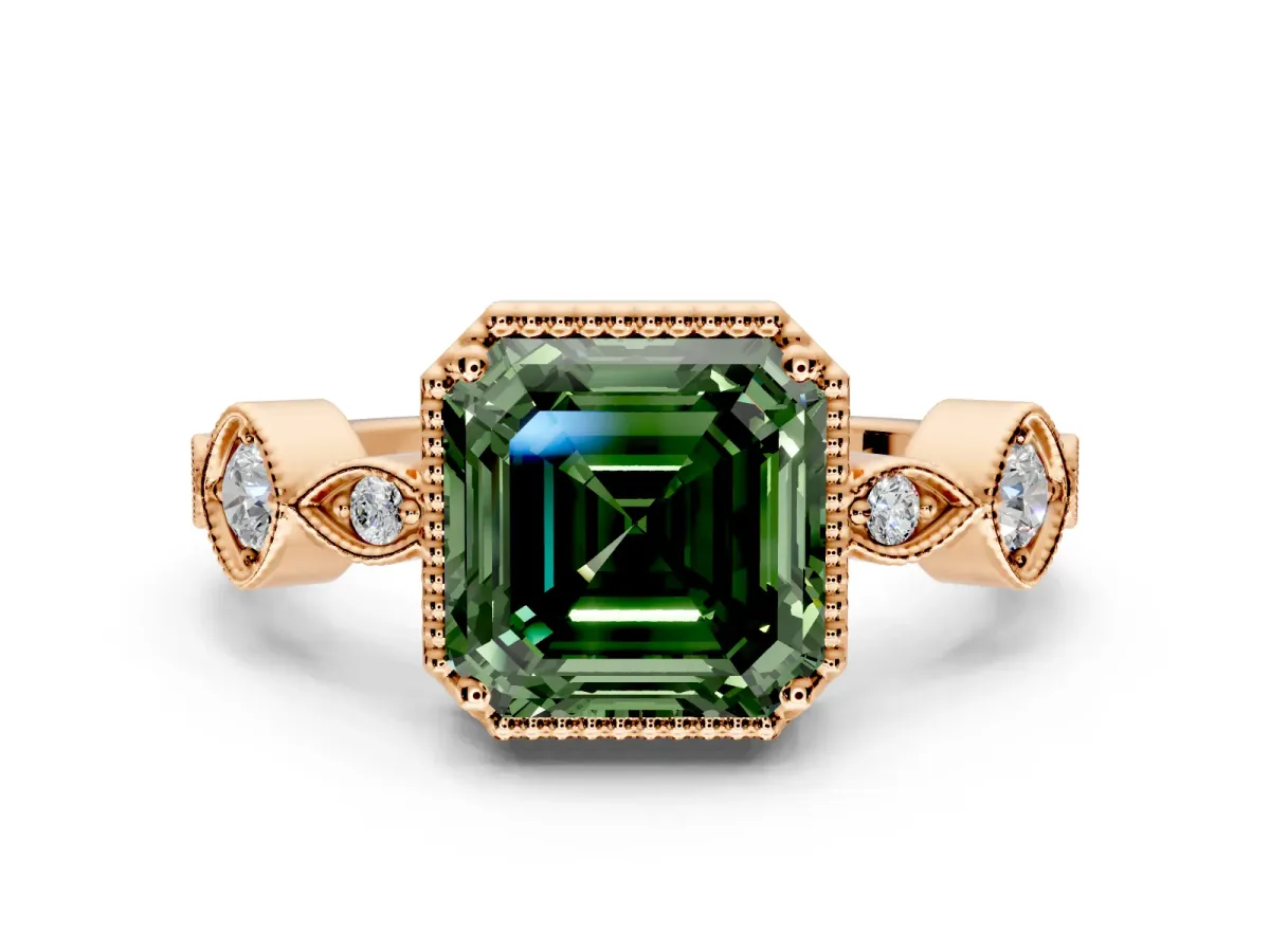 Vintage Station Engagement Ring Setting for Fancy Green Asscher Cut Center with Accents and Prong Head in Rose Gold