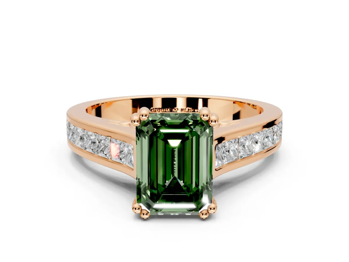 Solitaire Engagement Ring Setting for Fancy Green Emerald Cut Center with Channel Band and Double Claw Prong Head in Rose Gold