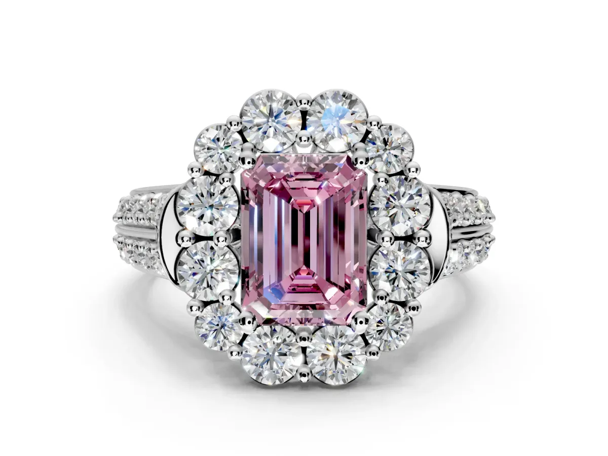 Large Accent Halo Engagement Ring Setting for Fancy Pink Emerald Cut Center with Pave Split Shank and Prong Head in Sterling Silver