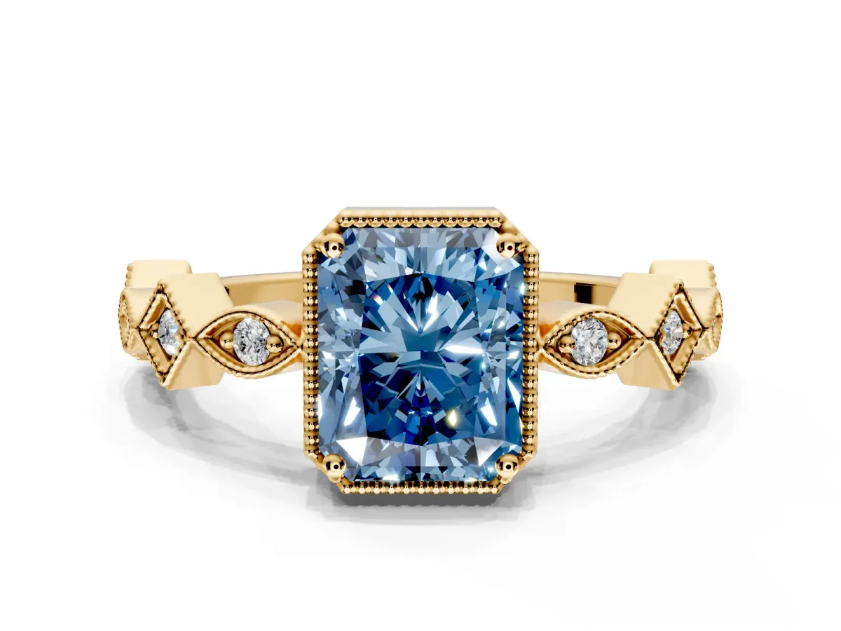 Milgrain Bezel Engagement Ring Setting for Fancy Blue Radiant Cut Center with Marquise Stations and Bezel Head in Yellow Gold
