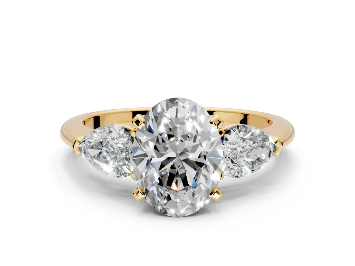 3 Stone Engagement Ring Setting for Oval Center with Large Pear-Shaped Accents and Prong Head in Yellow Gold