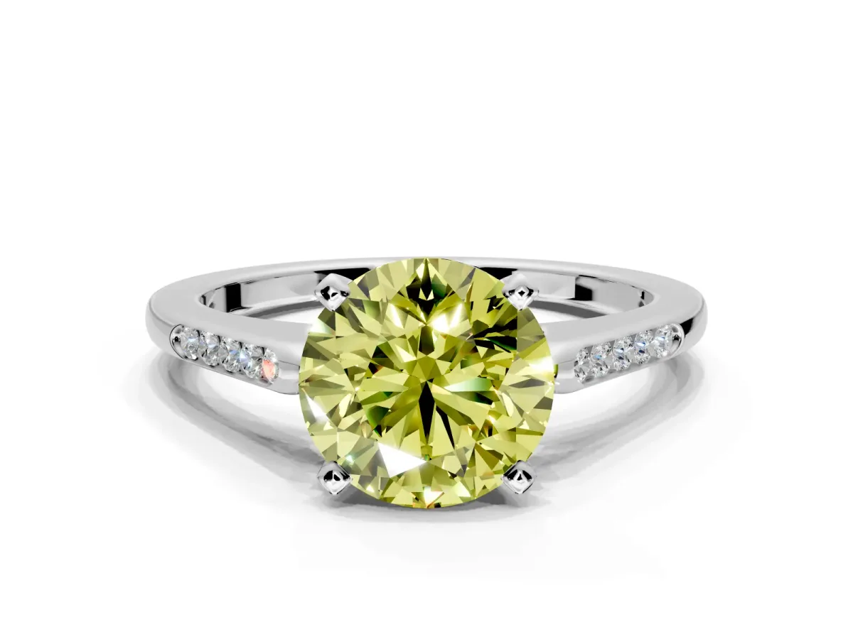 Solitaire Engagement Ring Setting for Fancy Yellow Round Cut Center with Channel Accents and Prong Head in Platinum
