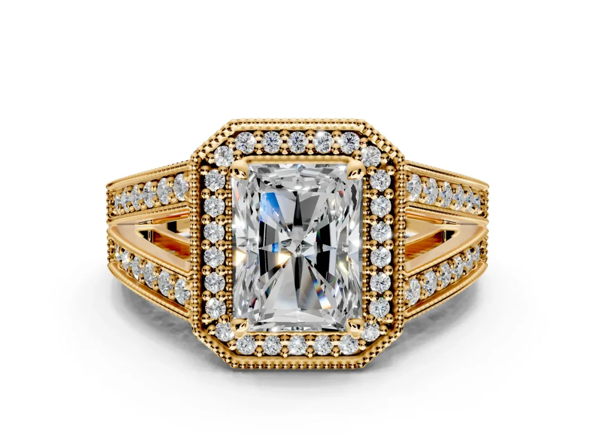 Halo Engagement Ring Setting for Radiant Cut Center with Milgrain Split Shank and Prong Head in Yellow Gold