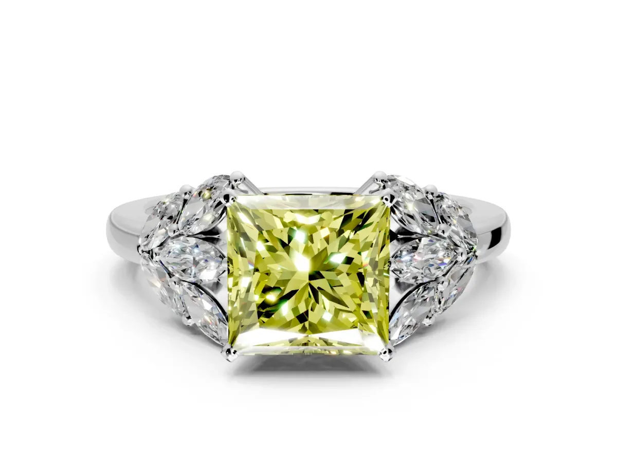 Leaf Cluster Engagement Ring Setting for Fancy Yellow Princess Cut Center with Marquise Accents and Prong Head in Platinum