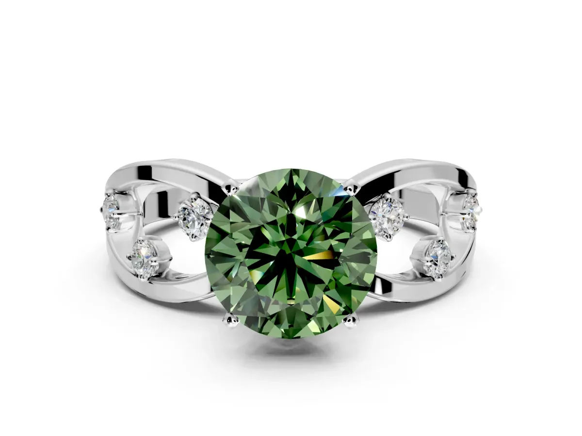 Solitaire Engagement Ring Setting for Fancy Green Round Cut Center with Criss-Cross Accent Band and Prong Head in Platinum