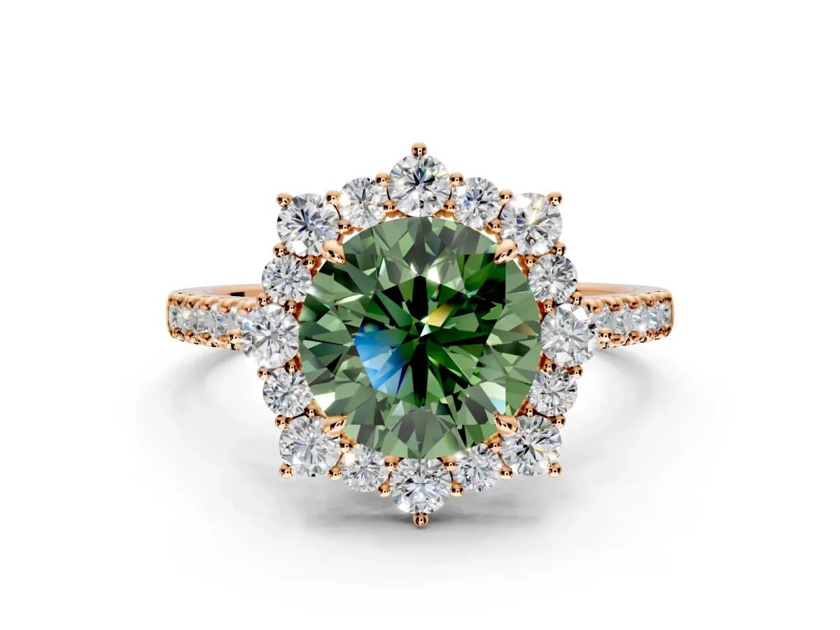 Halo Engagement Ring Setting for Fancy Green Round Cut Center with Single-Row Pave, Open Basket and Prong Head in Rose Gold