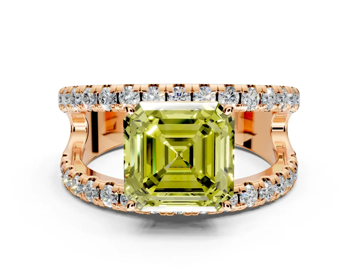 Solitaire Engagement Ring Setting for Fancy Yellow Asscher Cut Center with Wide-Open Split Shank and Prong Head in Rose Gold